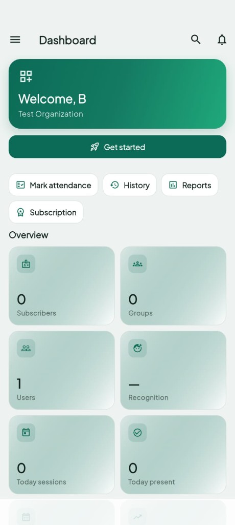 Bitbull Face Attendance mobile app dashboard showing subscribers, groups, and today's attendance